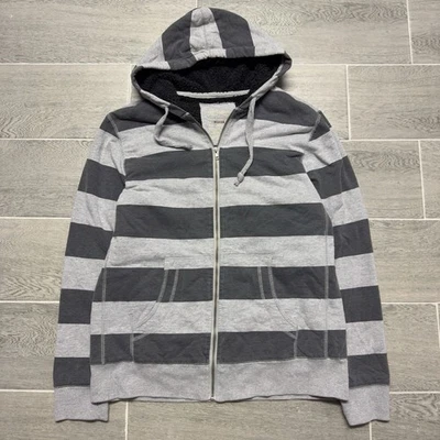Y2K Grunge Skater Gray Striped Hoodie Fuzzy Fur Lined Zip Up Medium - Image 1 of 4