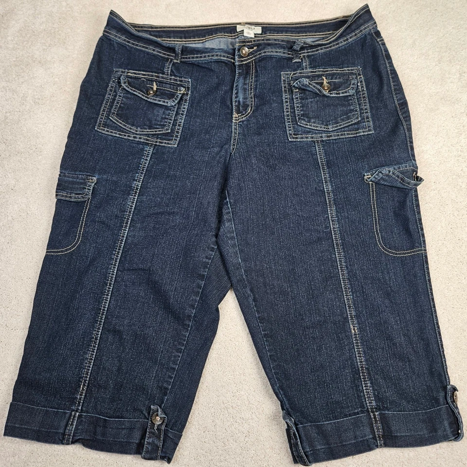 Mujer Cato Talla Grande 18W Denim Capri Lavado Oscuro Bolsillo Carga Tiro Medio Elástico Foto 1 de 4