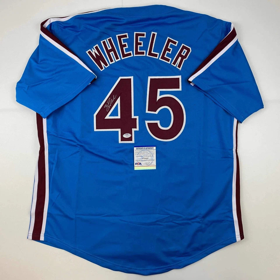 Autographed/Signed Zack Wheeler Philadelphia Blue Retro Jersey PSA/DNA COA - Image 1 of 4