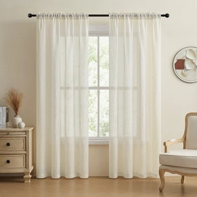 2 Panel Rustic Farmhouse Natural Linen Sheer Window Curtain Drapes Living Room - Image 1 of 4