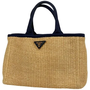 PRADA Logo Plate Tote Bag Handbag Raffia #BS2007 - Picture 1 of 7