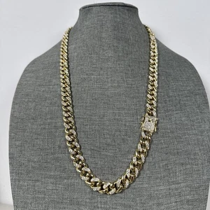 MEN 14K GOLD PLATED ICY CZ 14MM MIAMI CUBAN CHAIN NECKLACE 32” - Picture 1 of 11