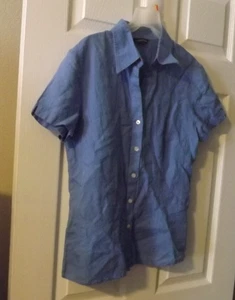 Lands End Women’s 100% Linen Size 10 M Blue Button Down Short Sleeve Blouse - Picture 1 of 4