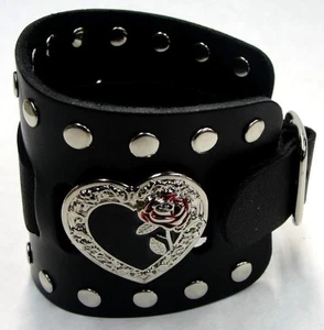 Wide Black Leather Watch Band With Heart and Rose Made in USA Buckle Closure - Picture 1 of 4