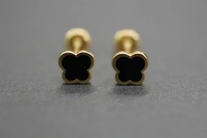 Pendientes traseros atornillados de oro amarillo liso de 14 K pequeños lindos esmalte negro para niños mujeres - Imagen 1 de 5