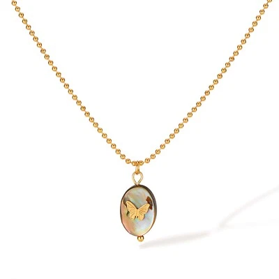 Women Stainless Steel Oval Abalone Shell 3D Butterfly Pendant Beads Chain 20'' - Image 1 of 4