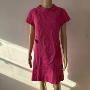 Vintage 60s I. MAGNIN Fuchsia Linen Shift Dress Belted Pink Mid Century RARE S - Picture 1 of 11