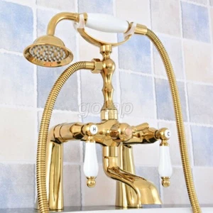 Gold Color Brass Deck Mount Bathroom Tub Clawfoot Faucet W/ Hand Shower Sprayer - Picture 1 of 9