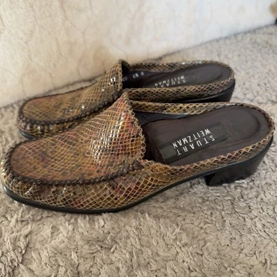 Stuart Weitzman Snake Skin Embossed Block Mules Size 6.5 B - Image 1 of 4
