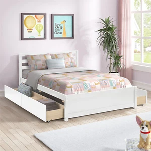 Full Size Bed Frame Wood Platform Bed Frame with 4 Storage Drawers White - Picture 1 of 10