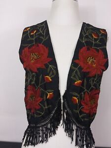 Embroidered Silk Boho Vest Beaded Fringe Womens S Black Orange OTHER DESTINATION