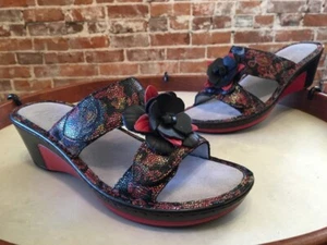 Alegria Lana Black Florensic Files Leather Flower Wedge Sandals 37 7-7.5 New - Picture 1 of 4
