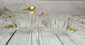 Vintage JEANNETTE Clear Glass Gold Trim Ribbed Creamer Sugar Bowl Set 🔥 - Picture 1 of 11