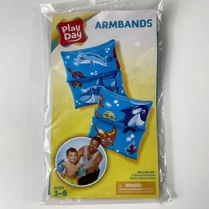 Inflatable Swimming Arm Bands Floaties Kids Pool Safety Blue Fish Shark - Picture 1 of 2