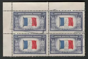 US 1943 #915 Overrun Countries 5c France UL Corner Block of 4 Used - Picture 1 of 2