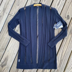 WORTH Navy Open Mesh Stitch Walking Cardigan Size 2 / 4 Wool Blend - Picture 1 of 12