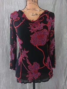 Eva Damen Blue Top Halsausschnitt schwarz rot Blumenpailletten halbtransparent voll gefüttert - Bild 1 von 5