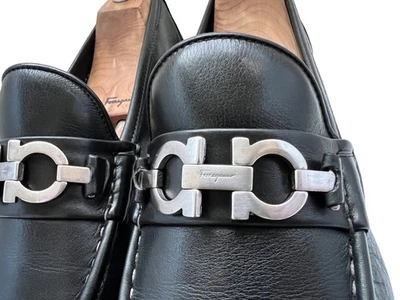 $950 Salvatore Ferragamo Mens SONIC Black Shoes Gancini Silver Bit Loafers 10 D - Image 1 of 4