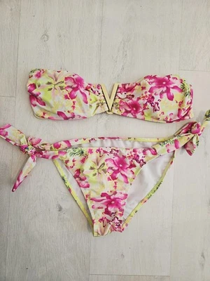 V Bikini Floral Pink Green Gold Swimwear Summer Holiday Bandeau Medium Tie Breif - Image 1 of 2
