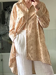 Y.A.S Lagenlook Langarm Ösen Bluse Shirt High-Low Saum beige Gr. XL - Bild 1 von 15