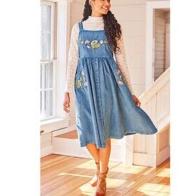 April Cornell L Dress Charlie Pinafore Embroider Floral Button Front Cottage - Image 1 of 4
