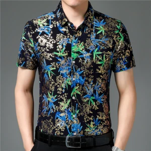 Men Floral Shirts Blouse Tops Formal Casual Short Sleeve Retro Flower Shiny - Picture 1 of 10