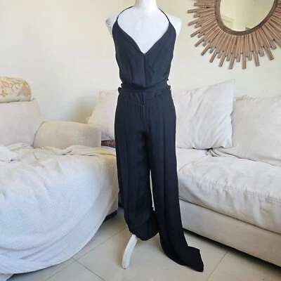 Haute Hippie XS Black Silk Halter V-Neck Wide Leg Jumpsuit Tie Back USA Casual - Image 1 of 4