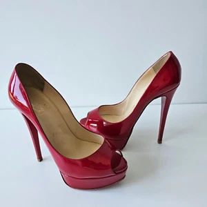 CHRISTIAN LOUBOUTIN Lady Peep 150 Red Patent Heels 36.5 Very Prive Bianca - Picture 1 of 14