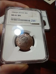 Spain 1846J 4 Maravedis NGC MS61 Far Nicer - Picture 1 of 3