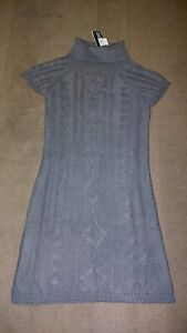Grey Knitted Cable Jumper Dress Polo Neck New Size 10-12