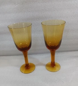 2 mundgeblasene MCM Ombre Retro 8,5" Braungläser mit Stiel Wasser Weinkelche 12 Oz - Bild 1 von 6