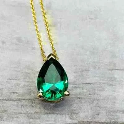 2Ct Pear Cut Lab Created Green Emerald Drop Shape Pendant 14K Yellow Gold Plated - Image 1 of 4