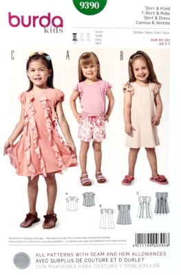 Burda Sewing Pattern 9390 Childs Ruffled T-shirt Dress in 3 Styles - Sizes 2 - 7 - Image 1 of 2