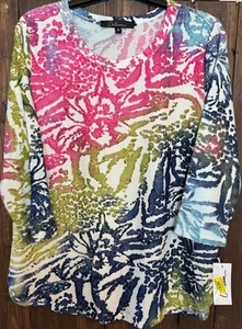 Calessa Size M Colorful Textured Abstract 3/4 Sleeve Tunic Shirt Artsy Boho - Picture 1 of 11