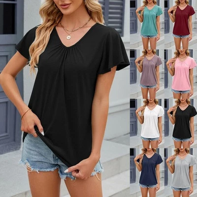 Fashionable Loose V Neck T Shirt for Women in Solid Colors for Casual Wear - Image 1 of 4