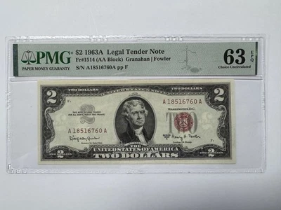 1963A $2 Legal Tender Note PMG 63 EPQ Fr#1514 Granahan Fowler AA Block - Image 1 of 2