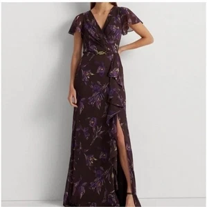 Vestido Lauren Ralph Lauren Georgette Manga Acampanada 16 Marrón Púrpura Cinturón Nuevo con Etiquetas - Imagen 1 de 12