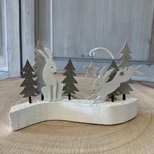 White Arctic Hares on Wooden Plinth Christmas Scene Figurine Decoration Vintage