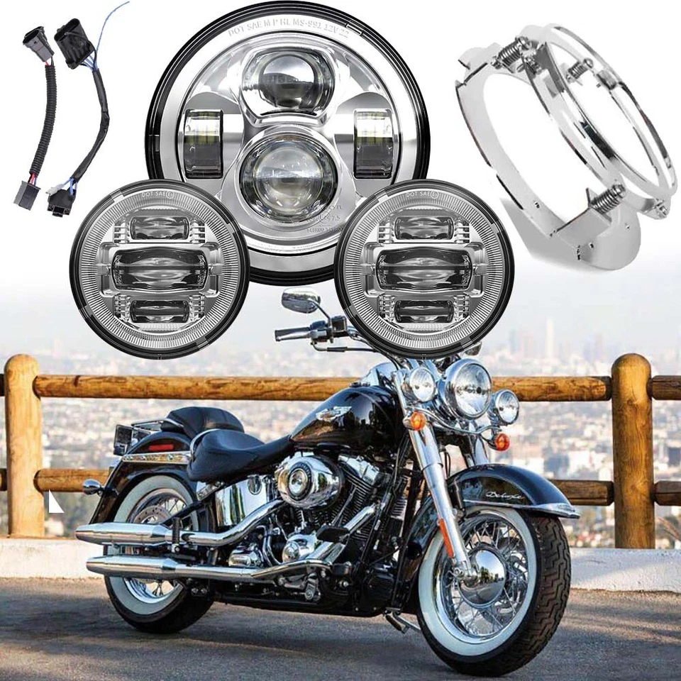 Faros LED cromados de 7" + luces de paso antiniebla de 4,5" para Harley Davidson Road King Foto 1 de 4