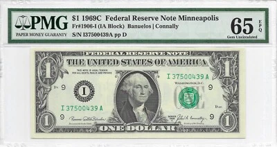 1969C $1 MINNEAPOLIS FRN. PMG GEM Uncirculated 65 EPQ Banknote. - Image 1 of 2