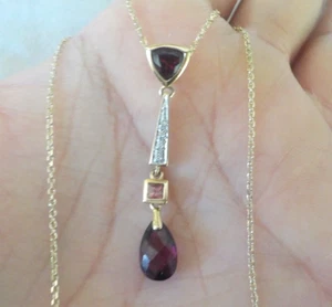 Modern 14K Yellow Gold Rhodolite Garnet Diamond Pendant Necklace - 3.0 gms, 18in - Picture 1 of 10
