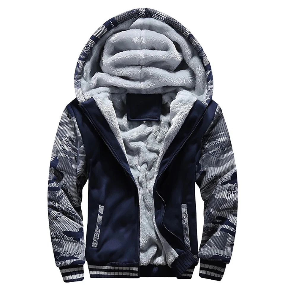 Suéter con Cremallera Hombres Polar Invierno Cálido Sherpa Sudadera con Capucha Chaqueta Forrada de Piel Abrigo con Capucha Foto 1 de 4