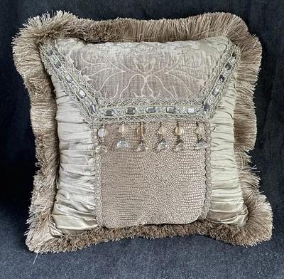 Reilly Chance Grey Taupe Chenille Damask Silk Beaded Feather 14x14 Inch Pillow - Image 1 of 4