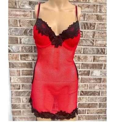 Lencería sexy bustier para mujer roja de malla con red y encaje negro talla 1X Foto 1 de 4