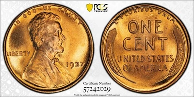 PCGS MS67+ RD 1937 Lincoln Wheat Cent Plus Red - Image 1 of 3