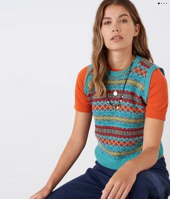 Brora Fair Isle 100% Wool Sleeveless Tank Vest Aquamarine Multicoloured Size 12 - Image 1 of 4
