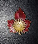 Canadian Maple Leaf Red/maroon Enameled Gold Tone Leaf, Pearl Center, Brooch Pin