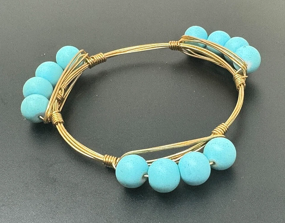 Bracelet Blue Rubber Balls Wire Fashion Jewelry Gold Color Bangle 2.5" - Image 1 of 1