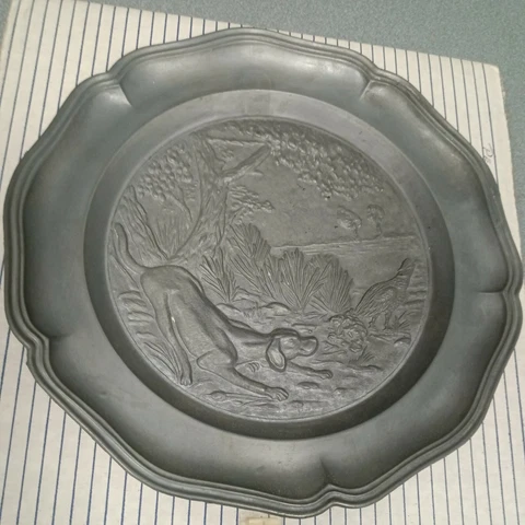 Plate Pewter Bird Dog Retriever Hunting Scene Trumpeting Angel in Oval Marking Cover