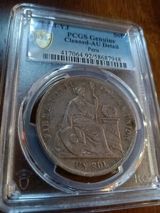 1874 YJ Perú 1 Sol, PCGS AU Detalles; un espécimen tonificado de Sudamérica - Imagen 1 de 3